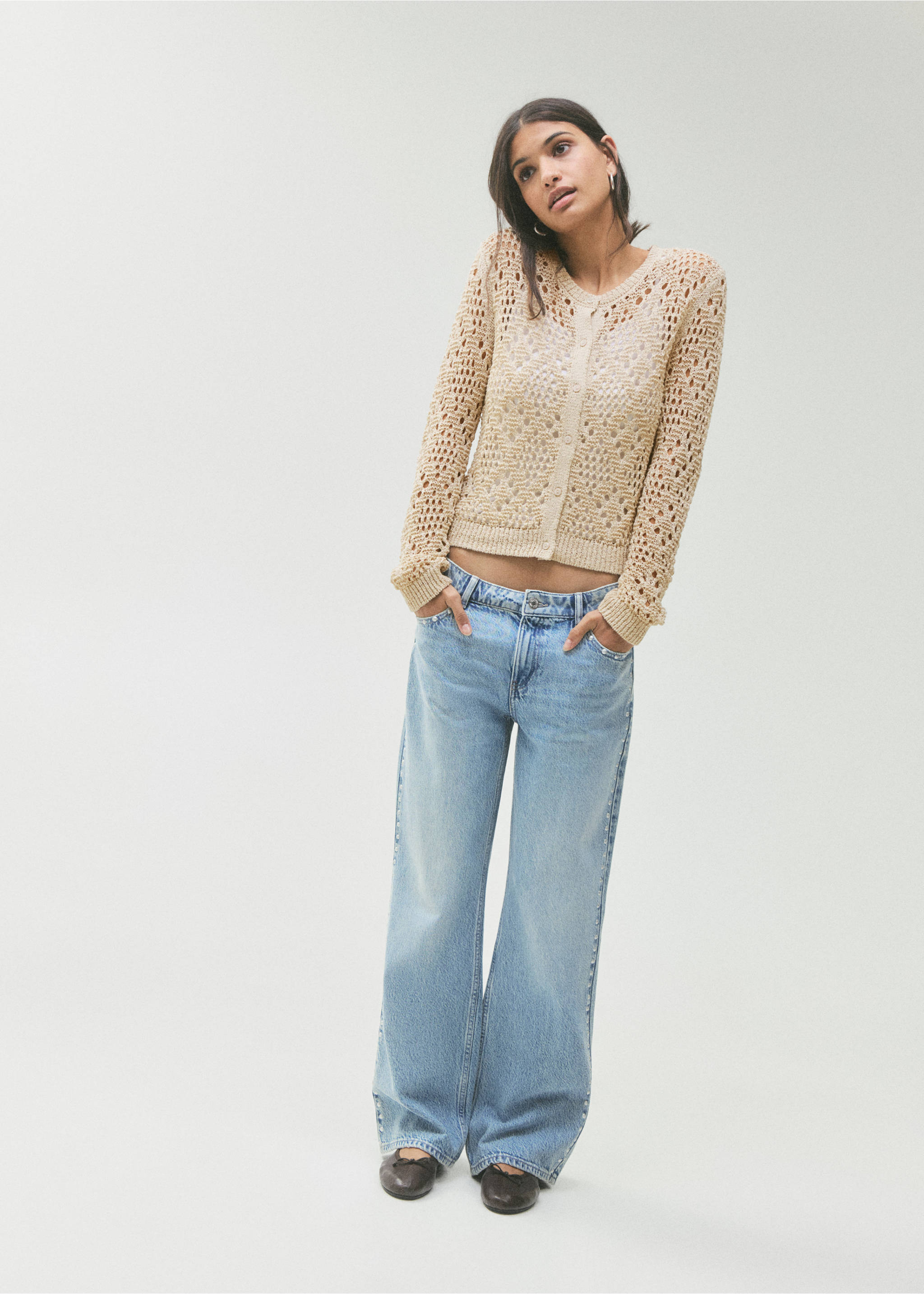 Ажурный кардиган - Общий план, Песочный. Ref: 27064047-00.