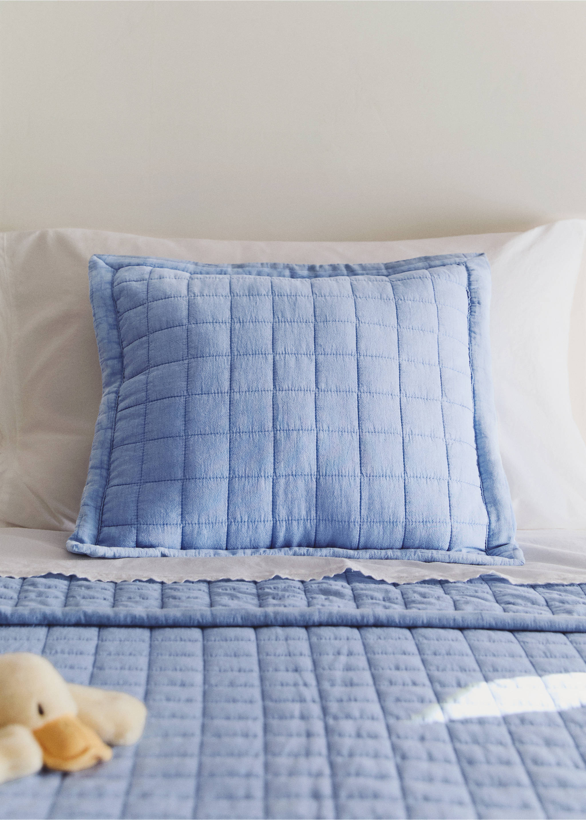 Children's cotton cushion cover with stitched check design - General plane, Blue. Ref: 27064054-00.