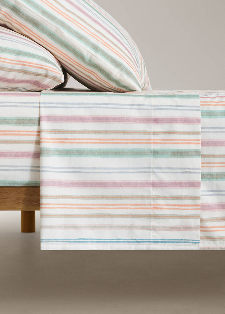 Top sheet in multicoloured striped cotton percale for a 90 cm bed — Green