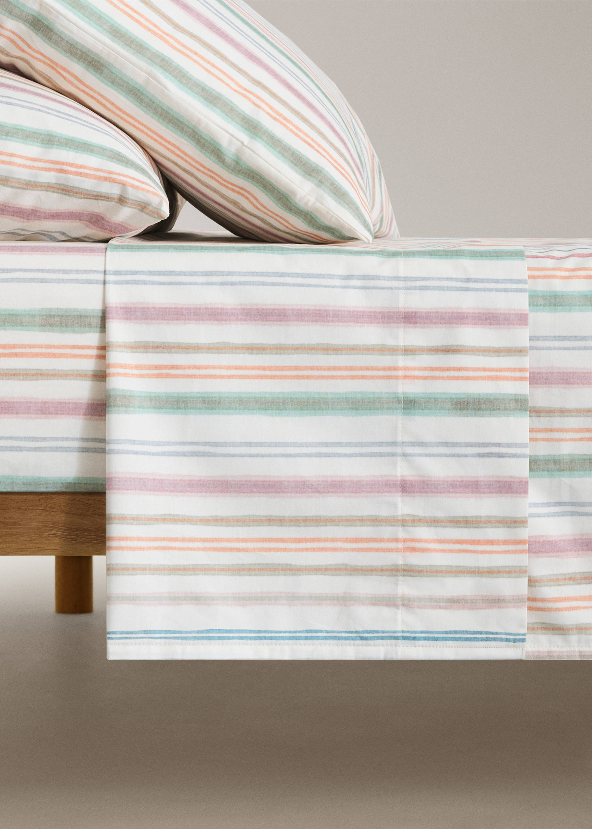 Top sheet in multicoloured striped percale cotton for a 135/140 cm bed - Article without model, Green. Ref: 27064066-00.
