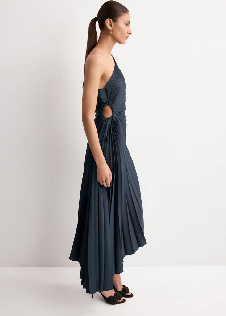 Pleated asymmetrical dress with opening — Blue