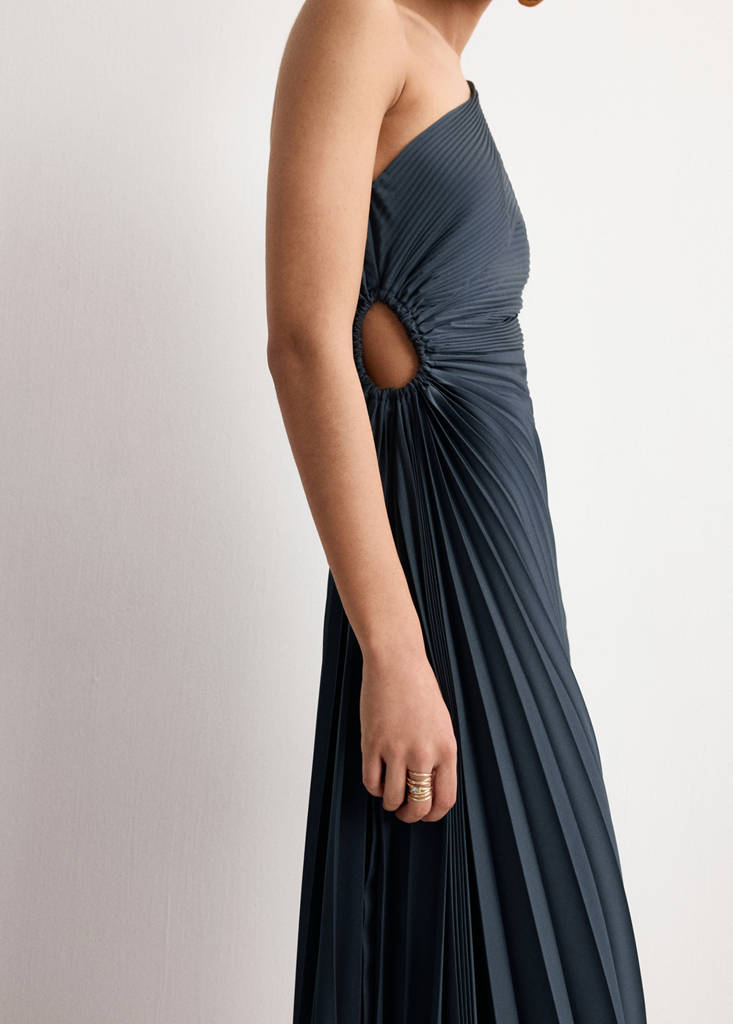 Pleated asymmetrical dress with opening — Blue