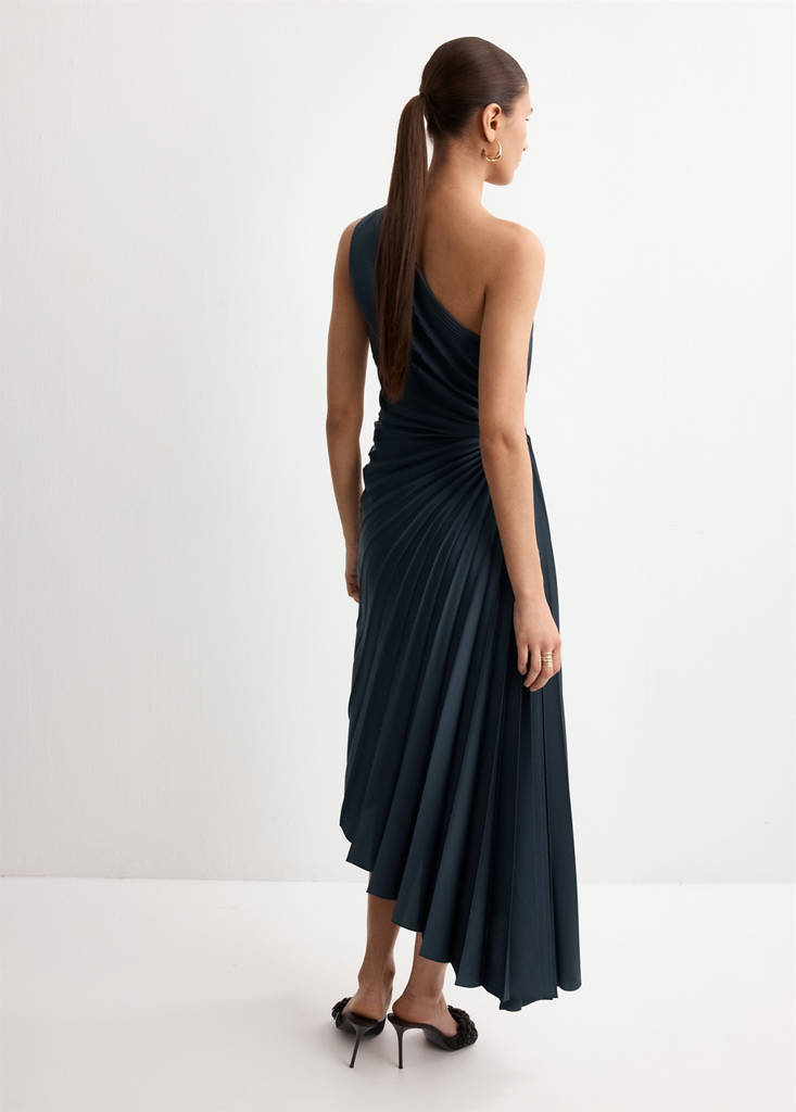 Pleated asymmetrical dress with opening — Blue
