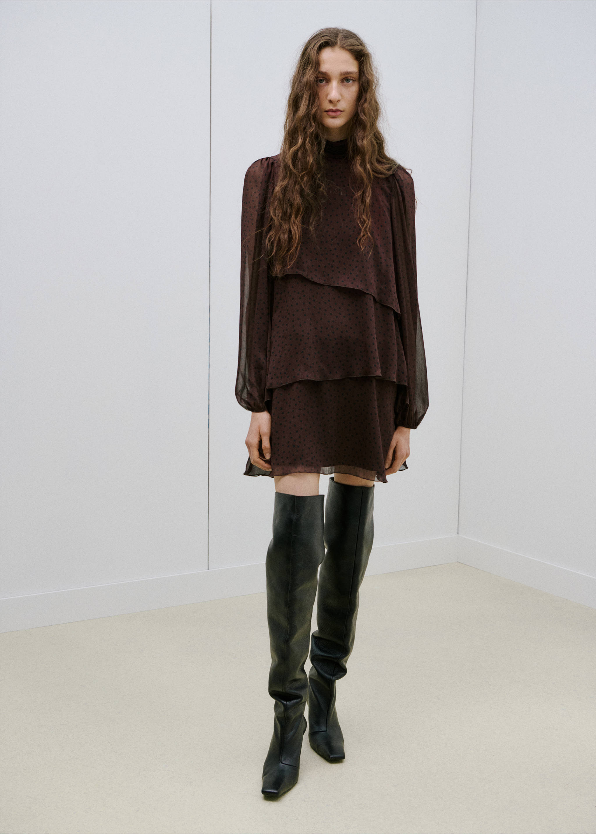 Polka-dot dress with ruffles - General plane, Brown. Ref: 27064100-00.