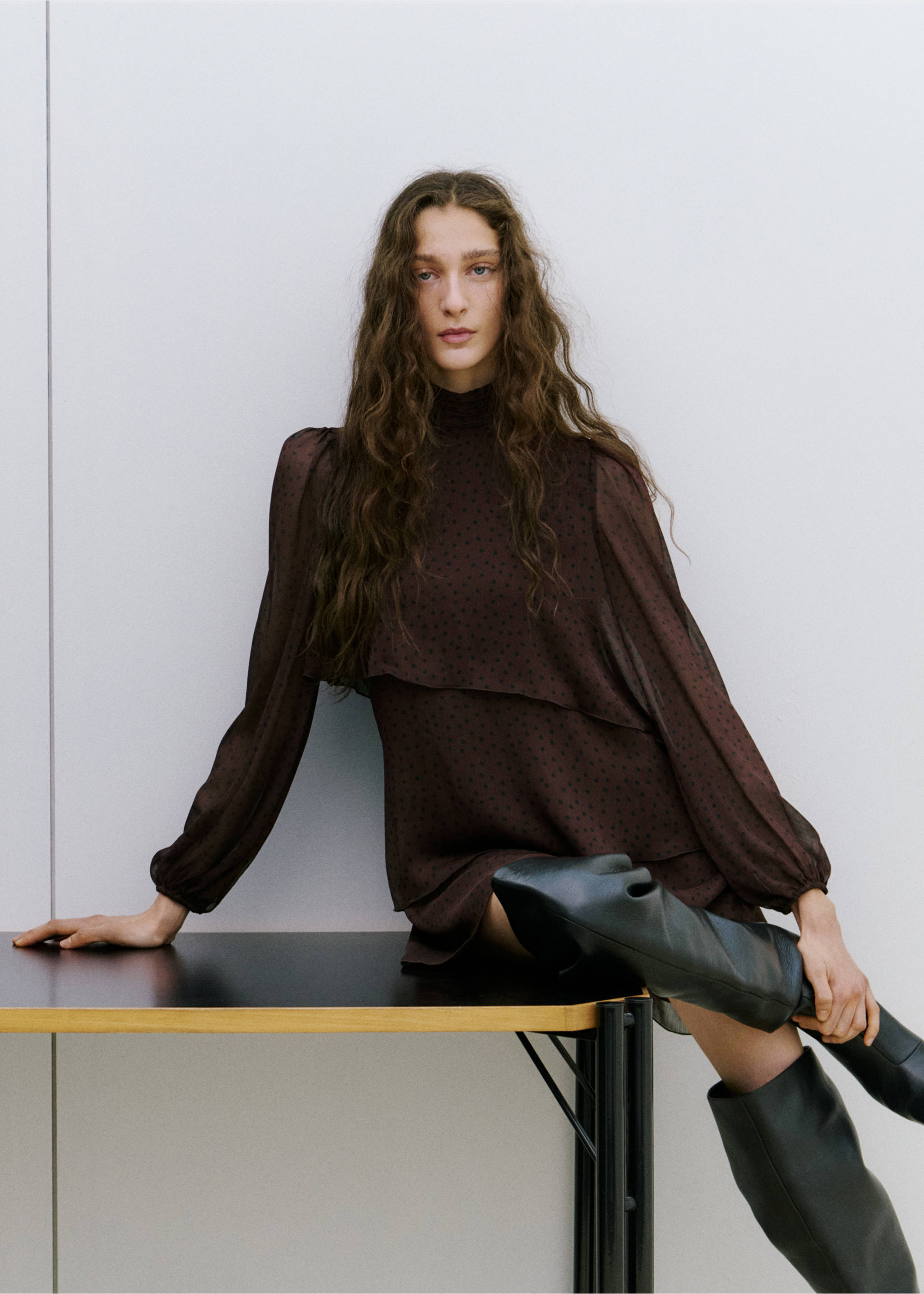 Polka-dot dress with ruffles - Details of the article 1, Brown. Ref: 27064100-00.