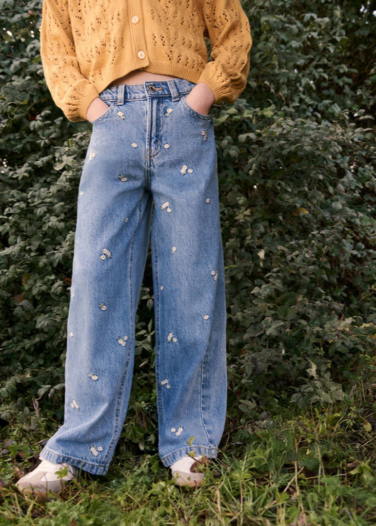 Jeans wide leg bordado flores
