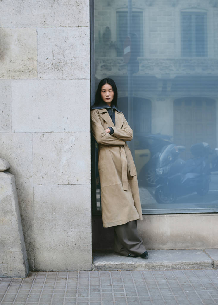 Long suede trench with belt — Medium Brown