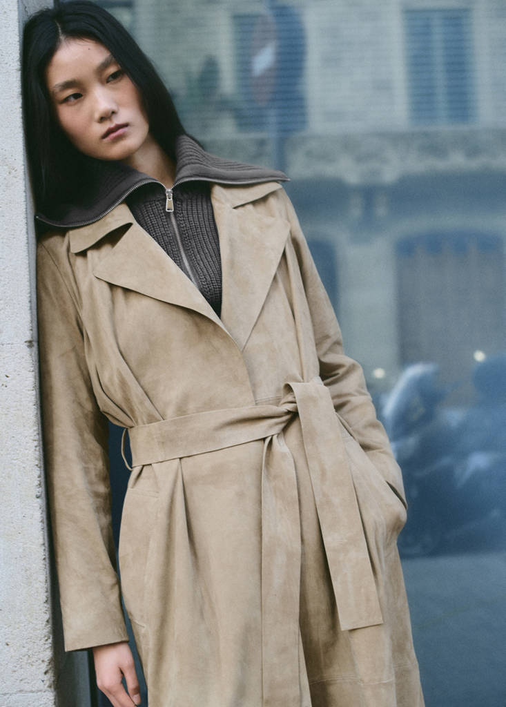 Long suede trench with belt — Medium Brown