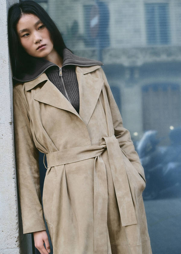 Long suede trench with belt — Medium Brown