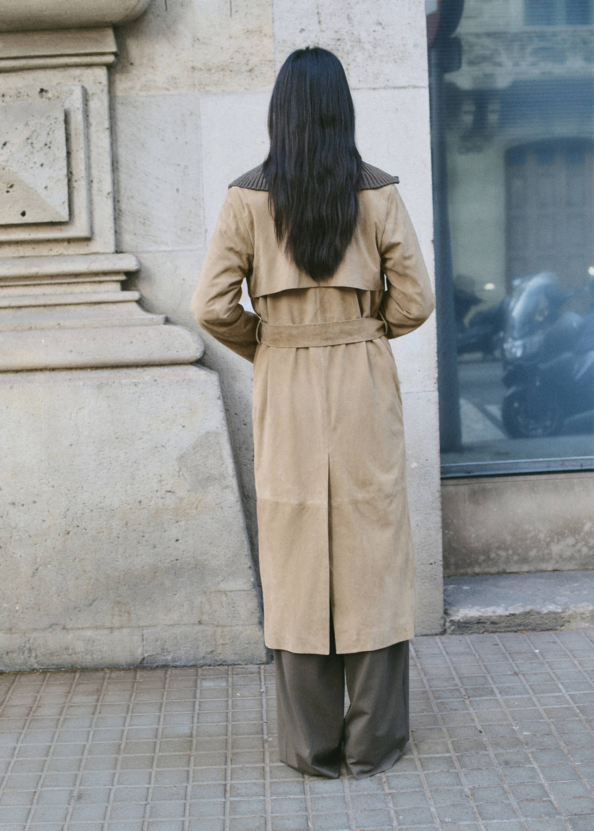 Long suede trench with belt — Medium Brown