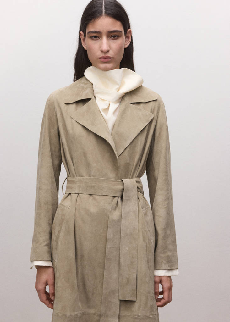 Long suede trench with belt — Medium Brown