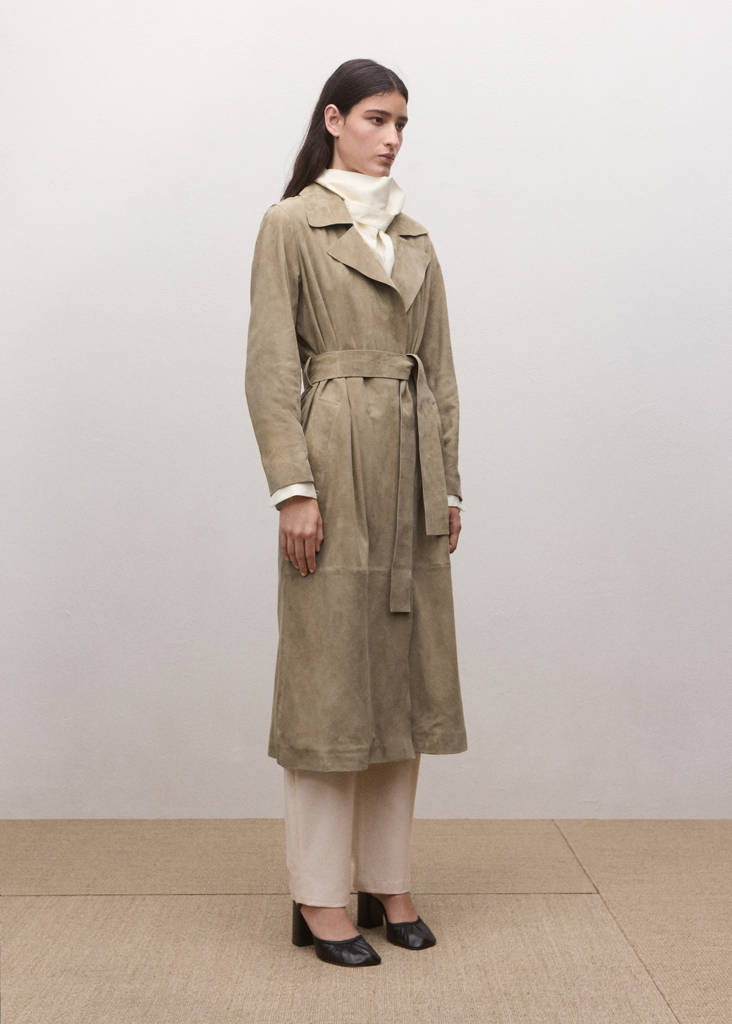Long suede trench with belt — Medium Brown