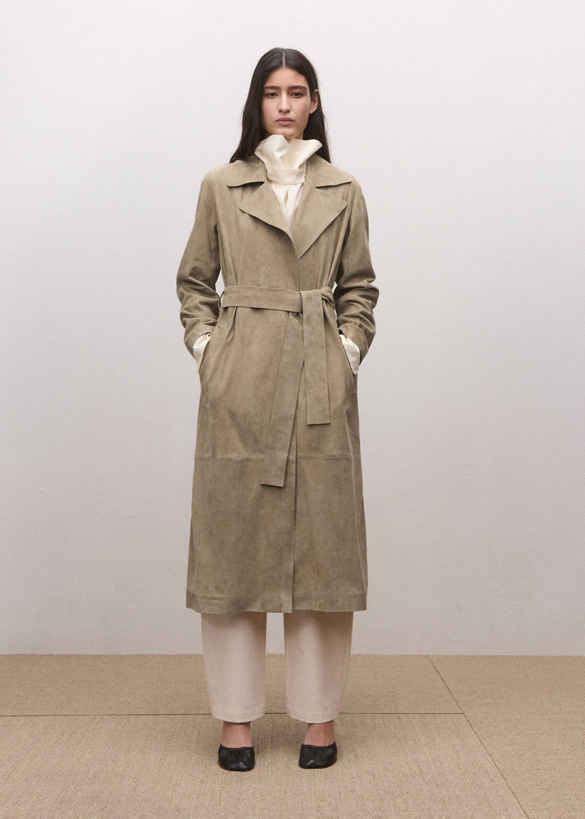 Long suede trench with belt — Medium Brown