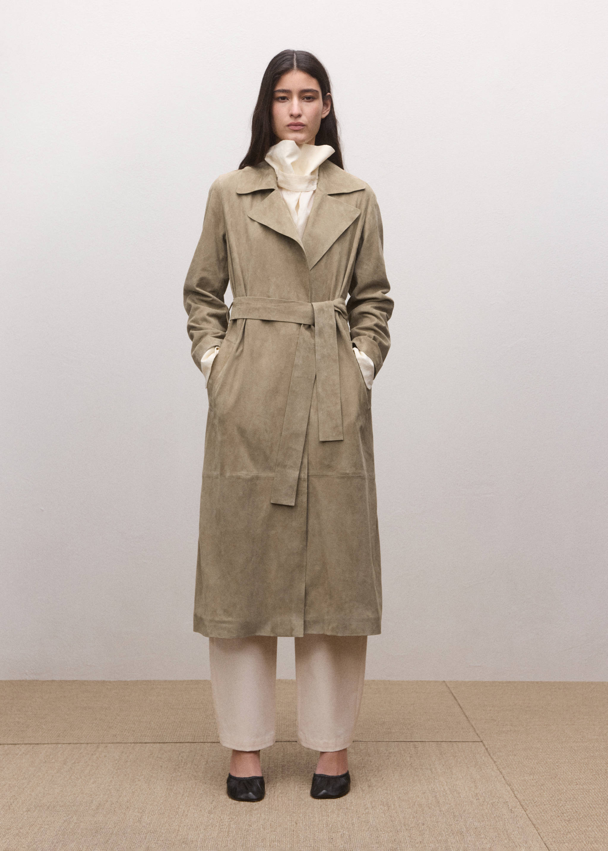 Long suede trench with belt - General plane