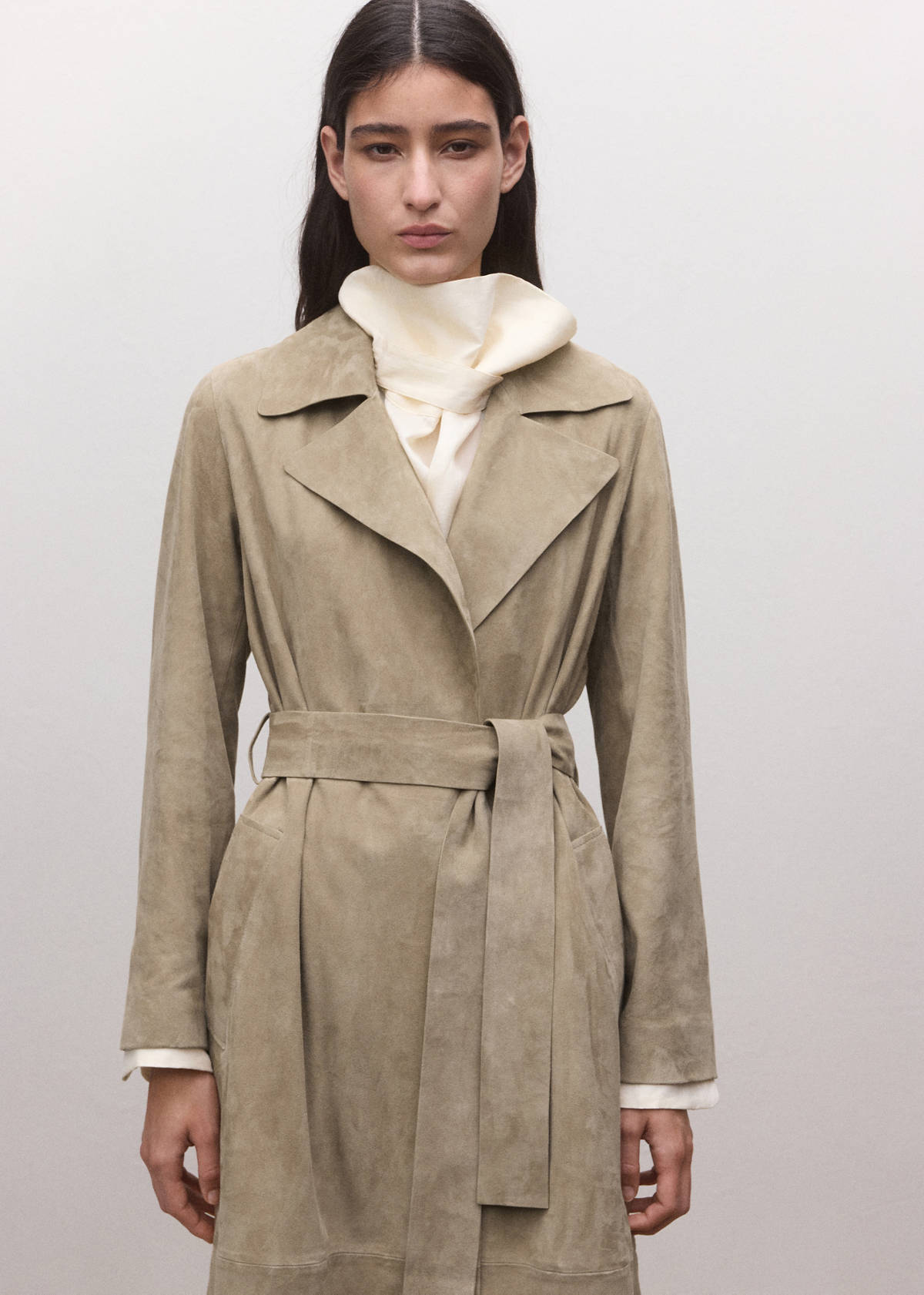 Long suede trench with belt — Medium Brown