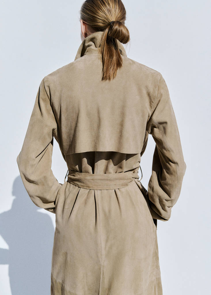 Long suede trench with belt — Medium Brown