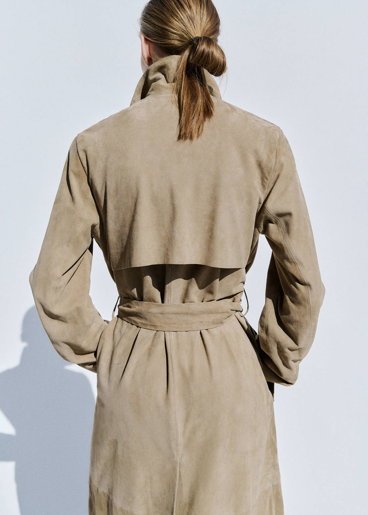 Long suede trench with belt — Medium Brown