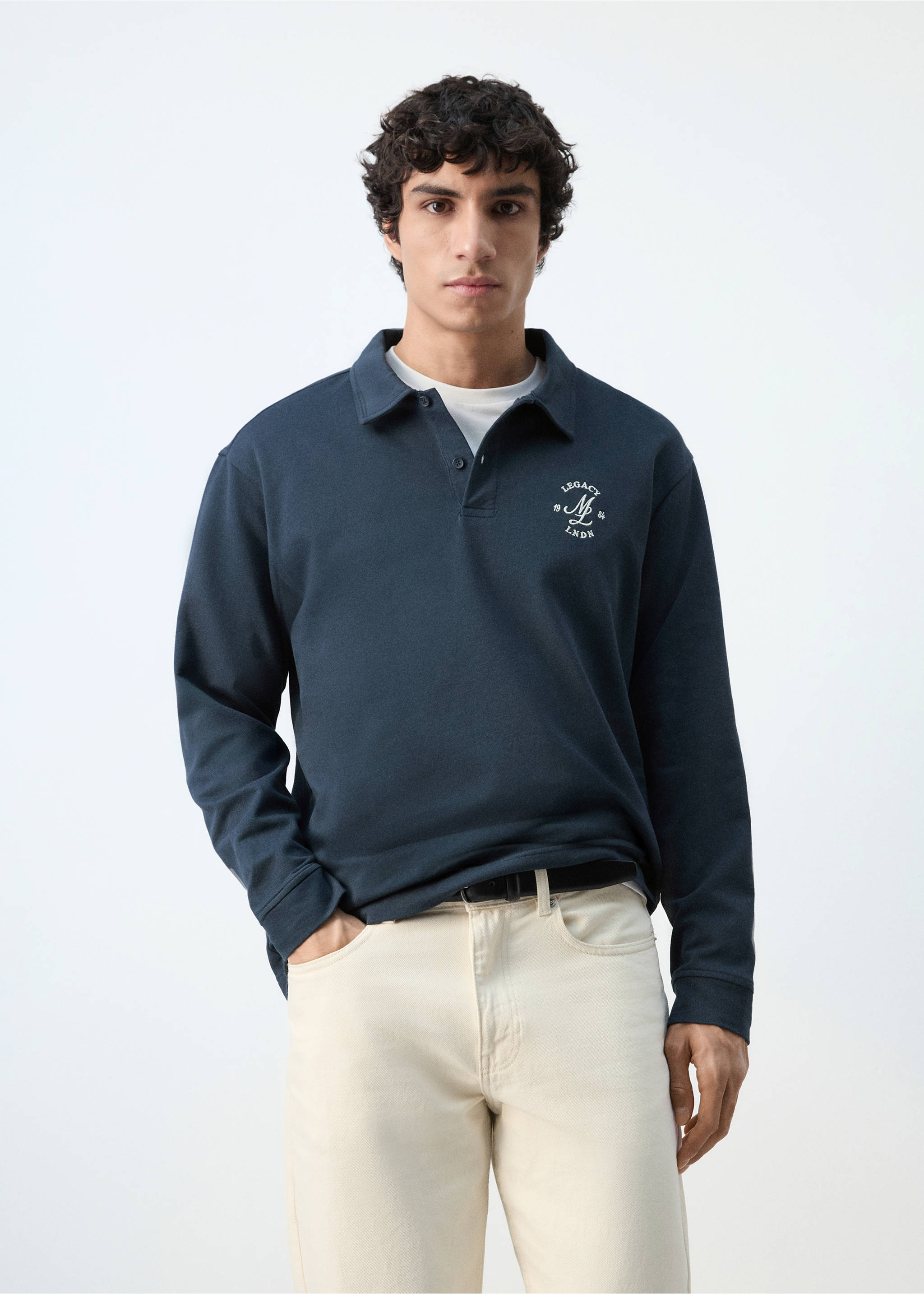100% cotton polo shirt with graphic embroidery - Medium plane, Navy. Ref: 27064438-00.