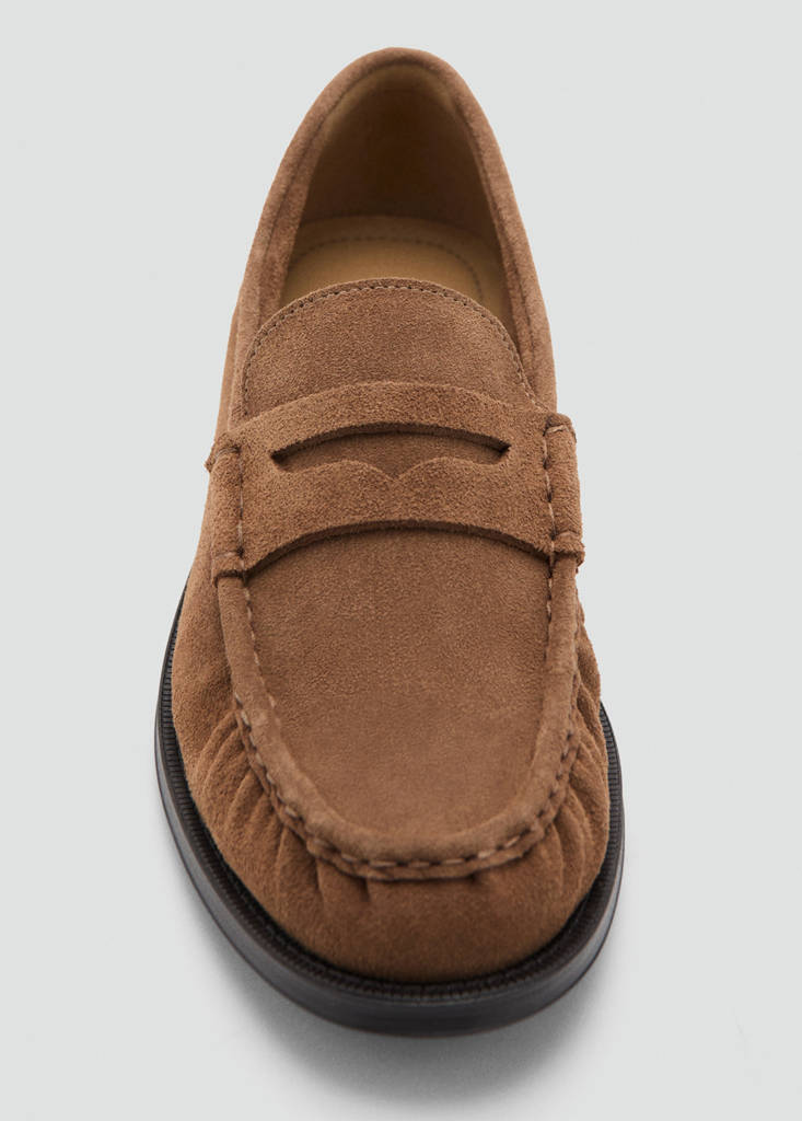 Suede leather moccasin with ruched detail — Cognac