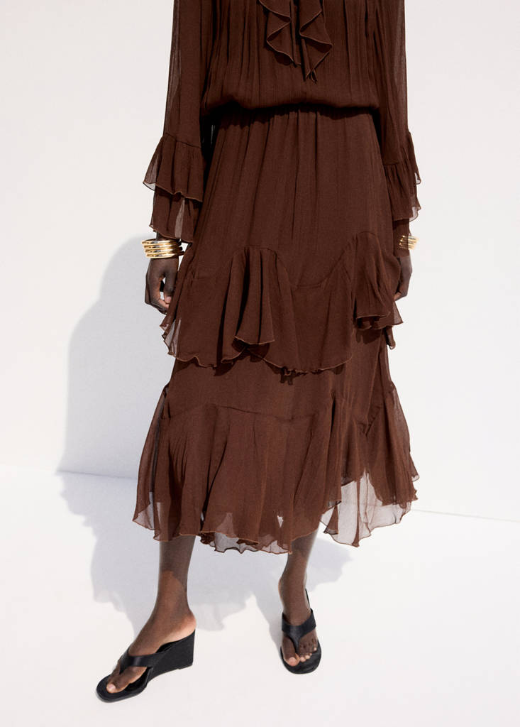 Ruffled chiffon skirt — Brown