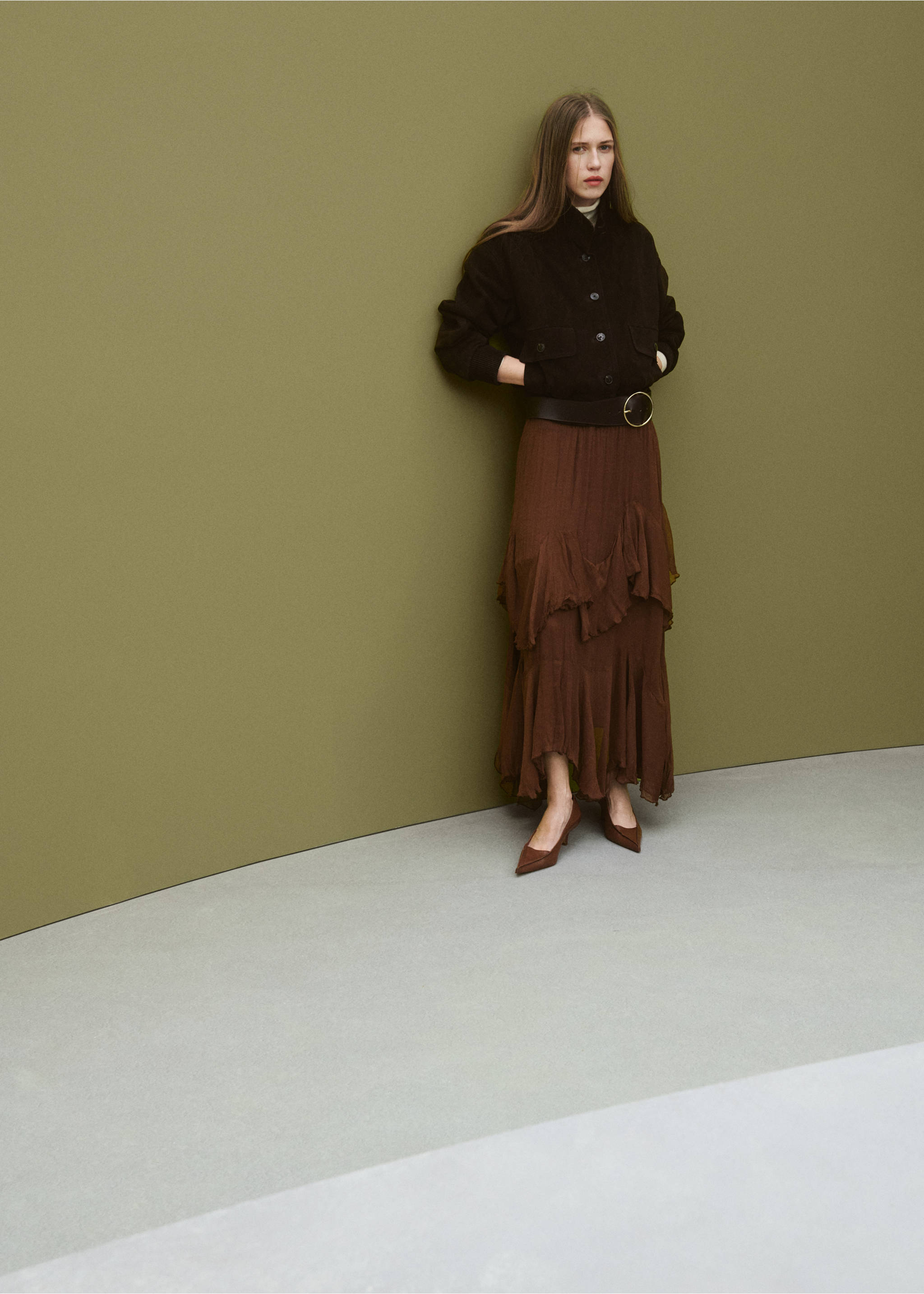 Ruffled chiffon skirt - Details of the article 1, Brown. Ref: 27064446-00.