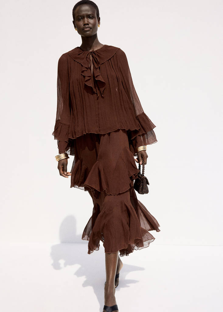 Ruffled chiffon skirt — Brown