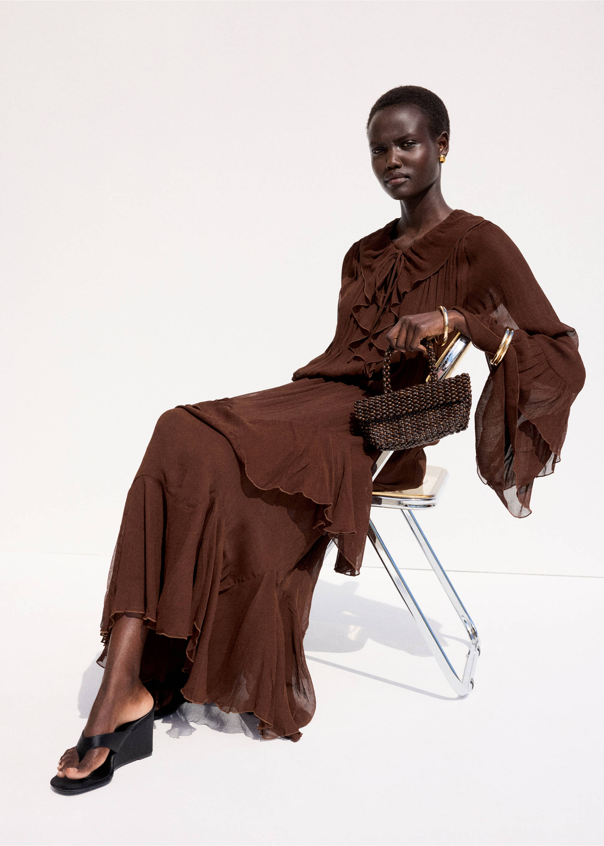 Ruffled chiffon skirt - Details of the article 2, Brown. Ref: 27064446-00.