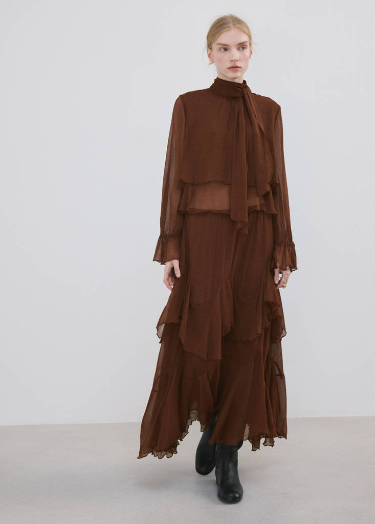Ruffled chiffon skirt — Brown