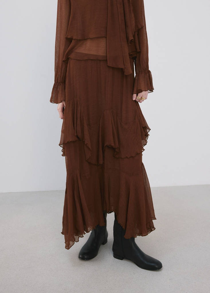 Ruffled chiffon skirt — Brown