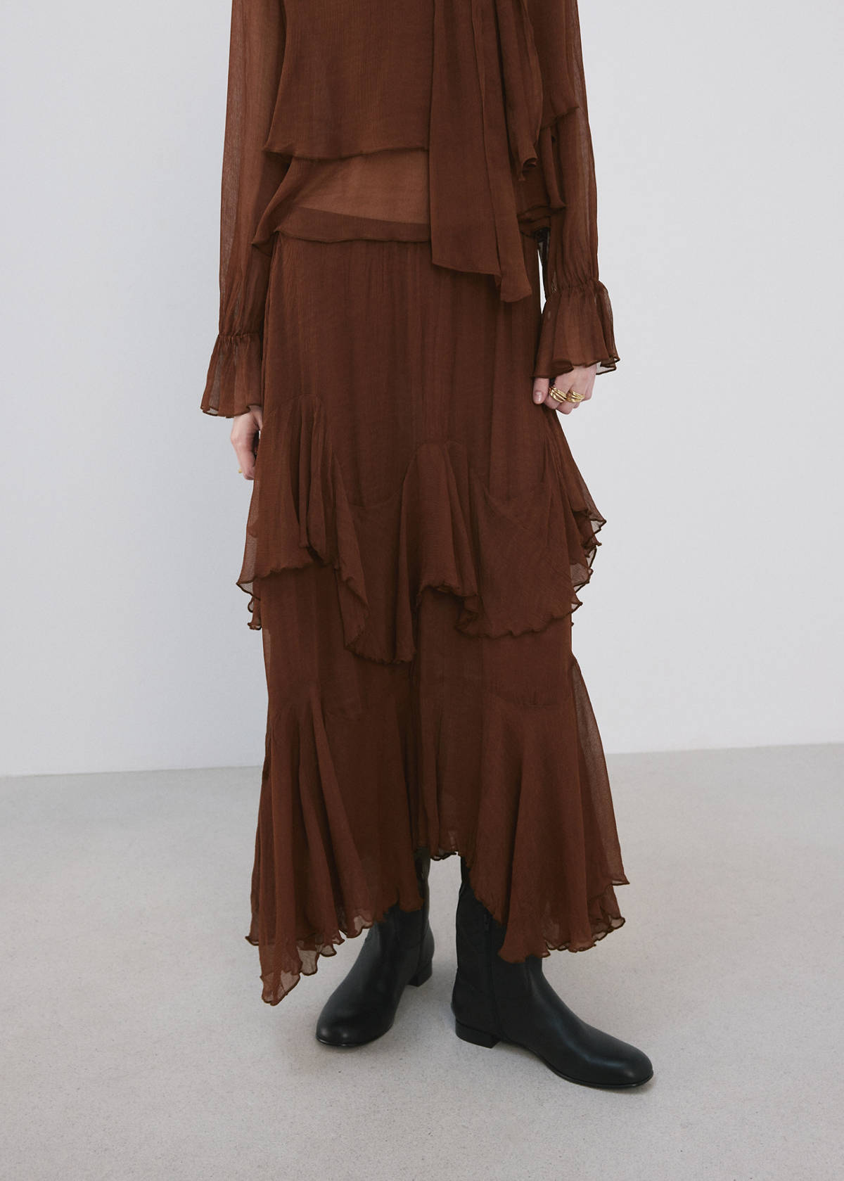 Ruffled chiffon skirt — Brown