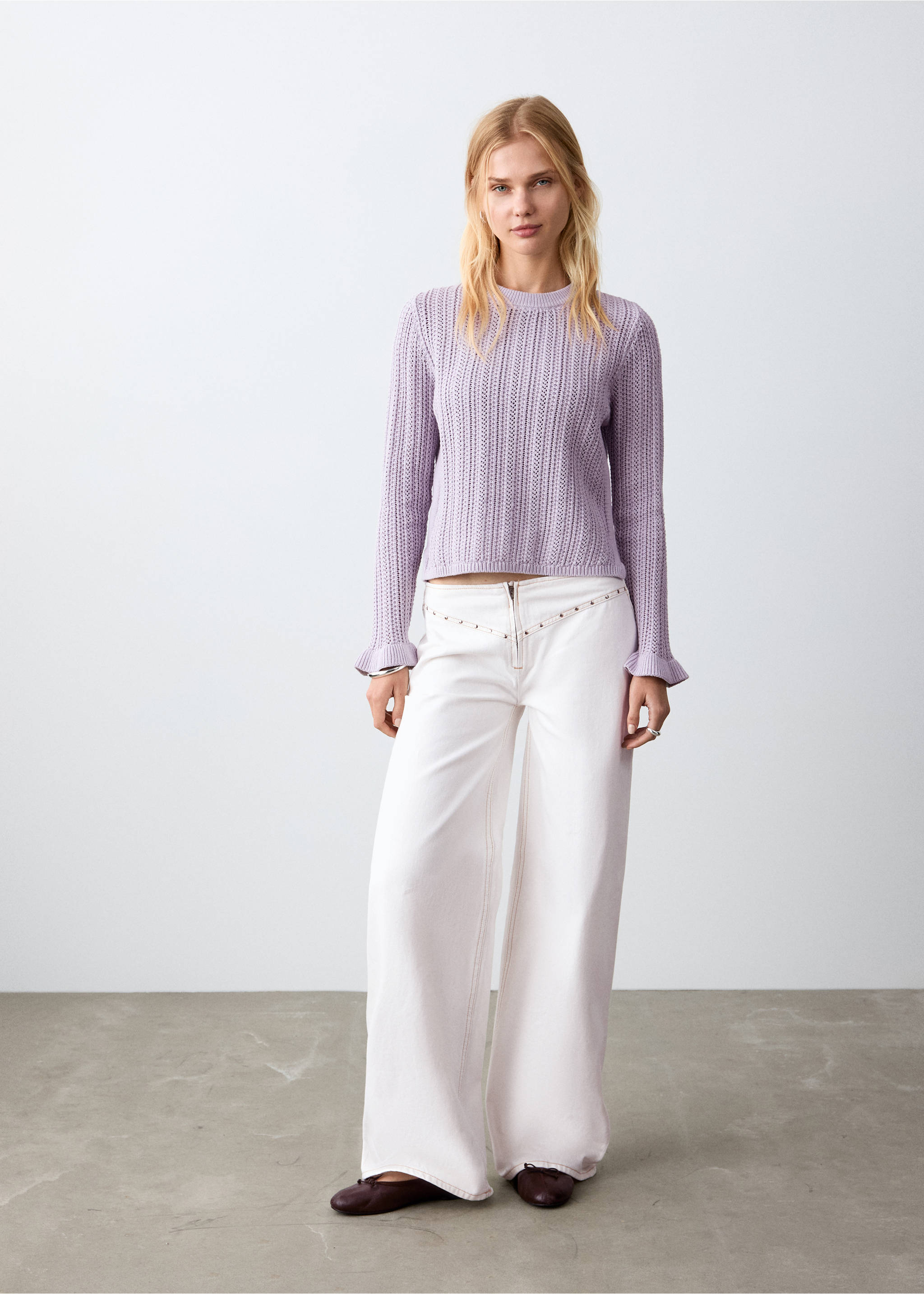 Openwork knitted sweater with ruffles - General plane, Light/Pastel Purple. Ref: 27064771-00.