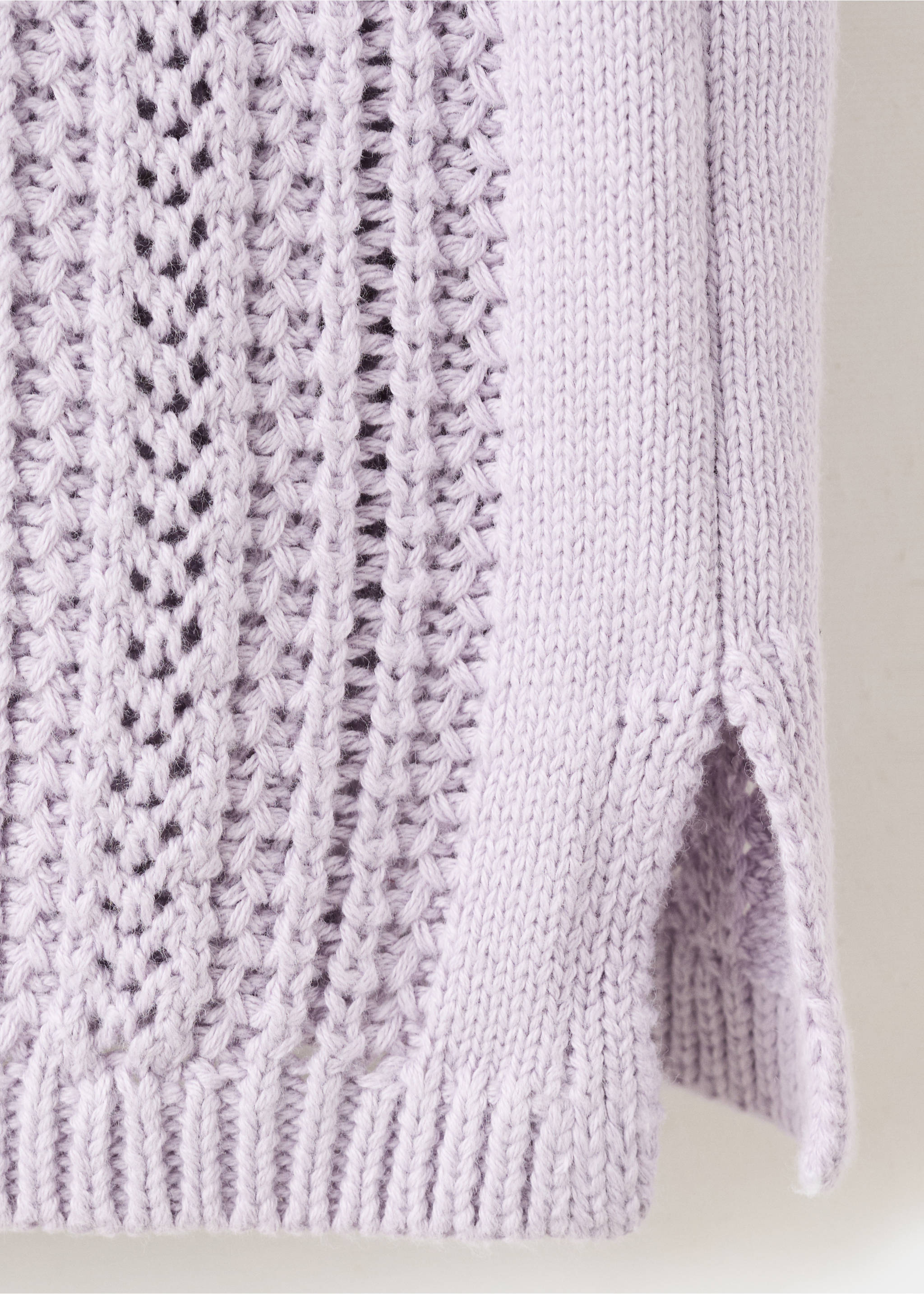 Openwork knitted sweater with ruffles - Details of the article 8, Light/Pastel Purple. Ref: 27064771-00.