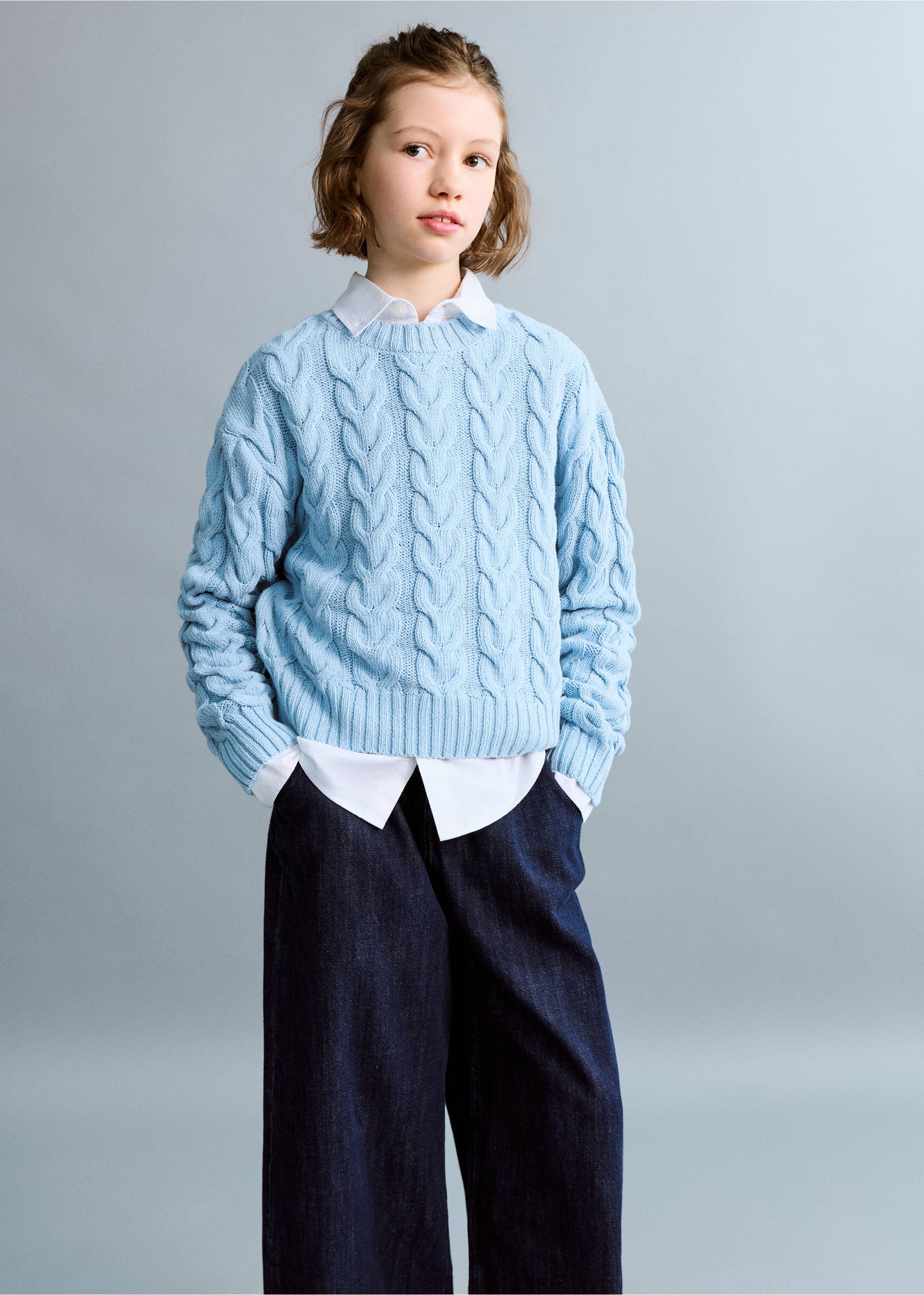Braided knitted sweater - Medium plane, Sky Blue. Ref: 27065153-00.