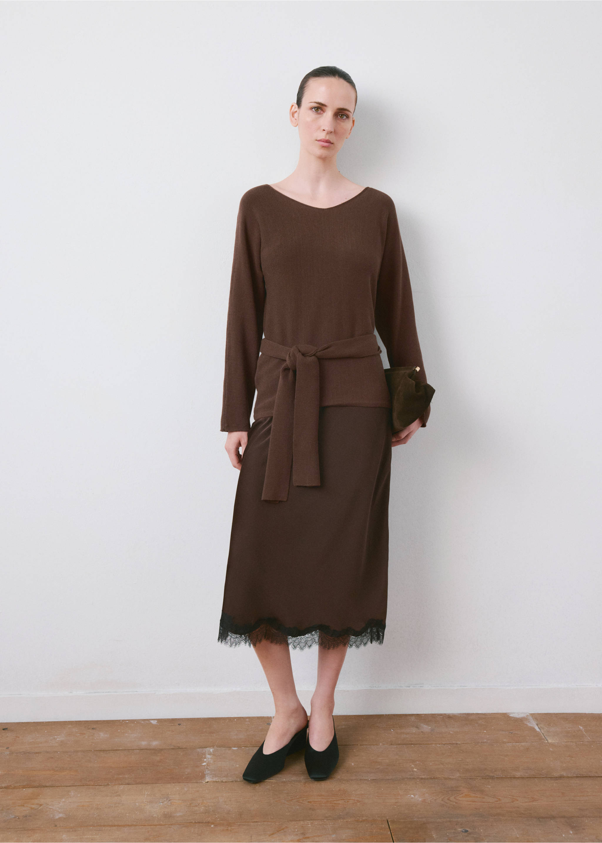 Knit belt sweater - General plane, Chocolate. Ref: 27065819-00.