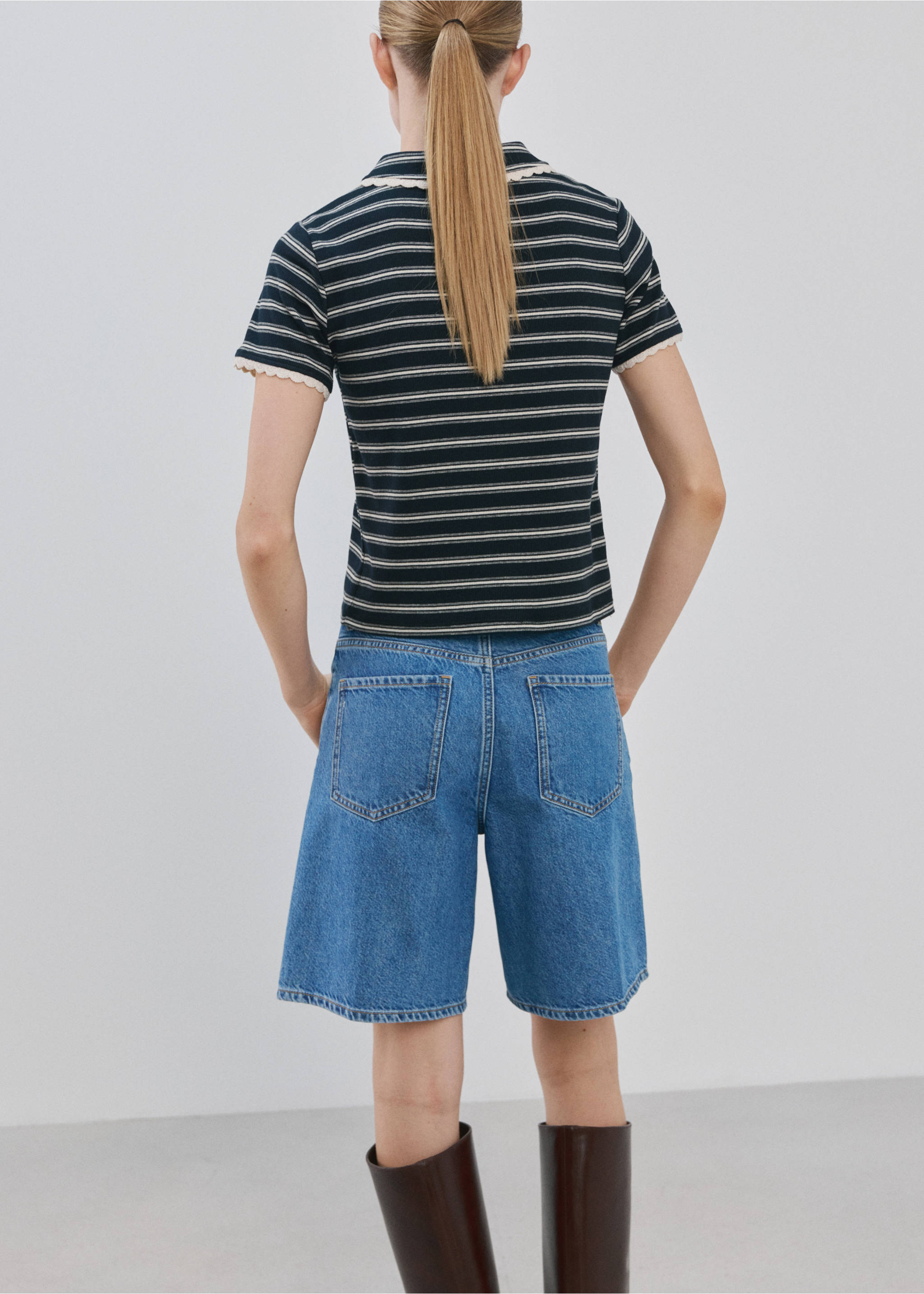 Kaus Polo salur dengan tepi rajut bergelombang - Versi terbalik dari barang, Biru laut. Ref: 27065825-00.