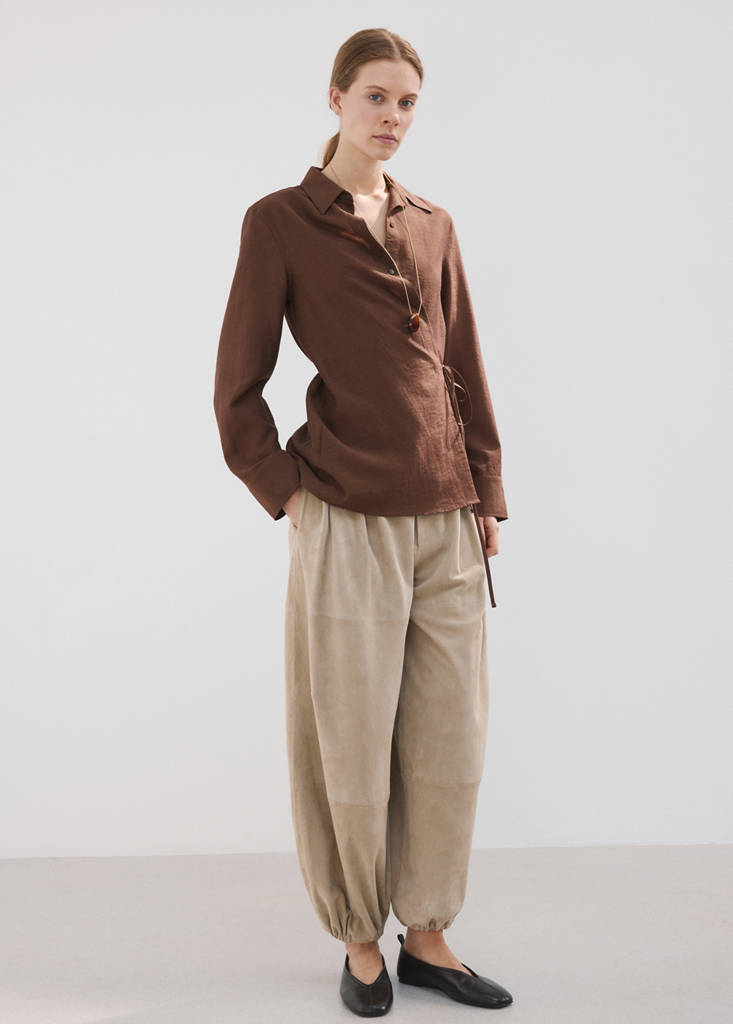 Wrap shirt with bow — Brown