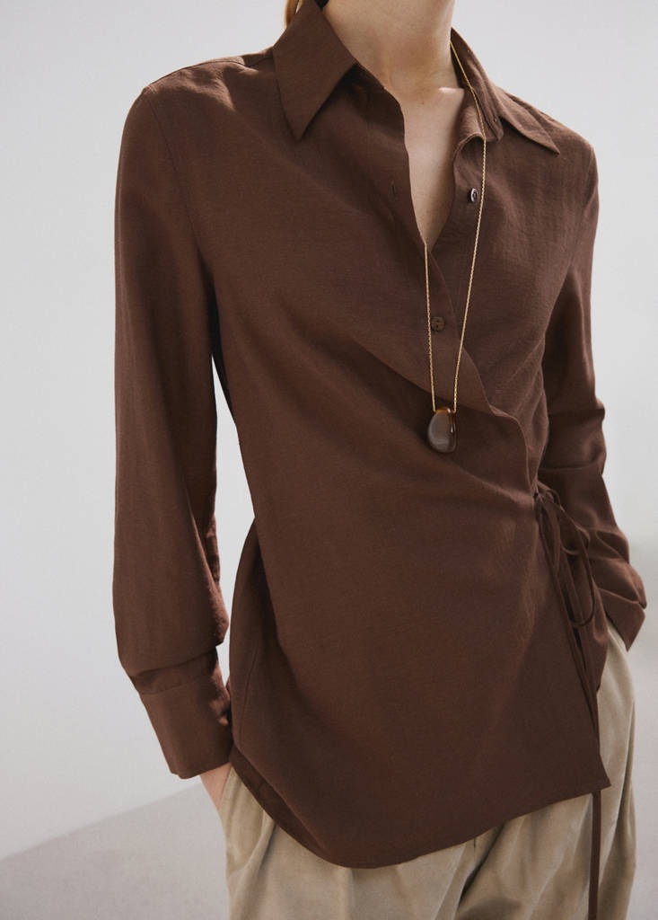 Wrap shirt with bow — Brown