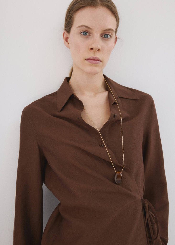 Wrap shirt with bow — Brown
