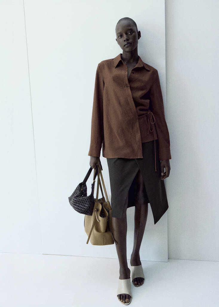 Wrap shirt with bow — Brown