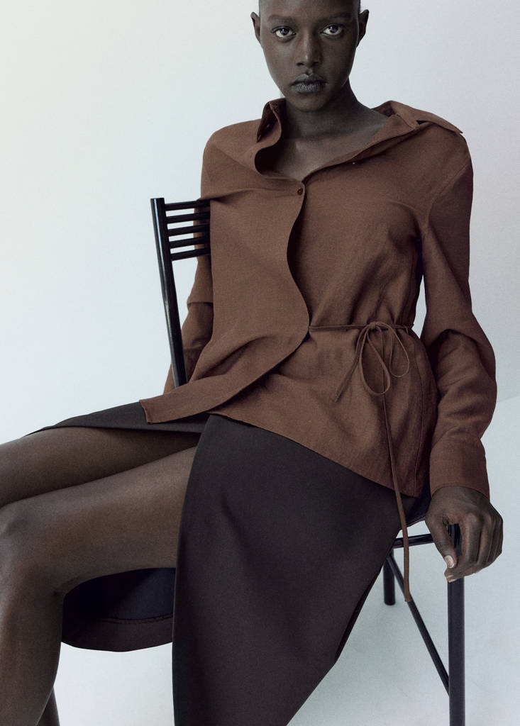 Wrap shirt with bow — Brown