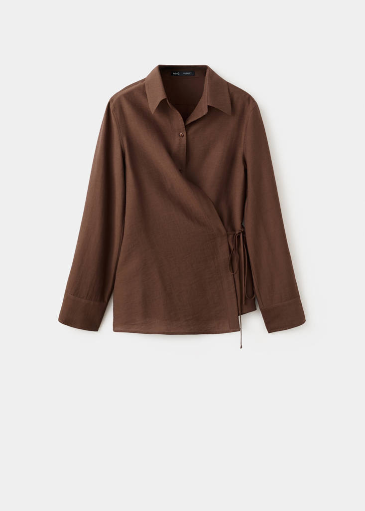 Wrap shirt with bow — Brown