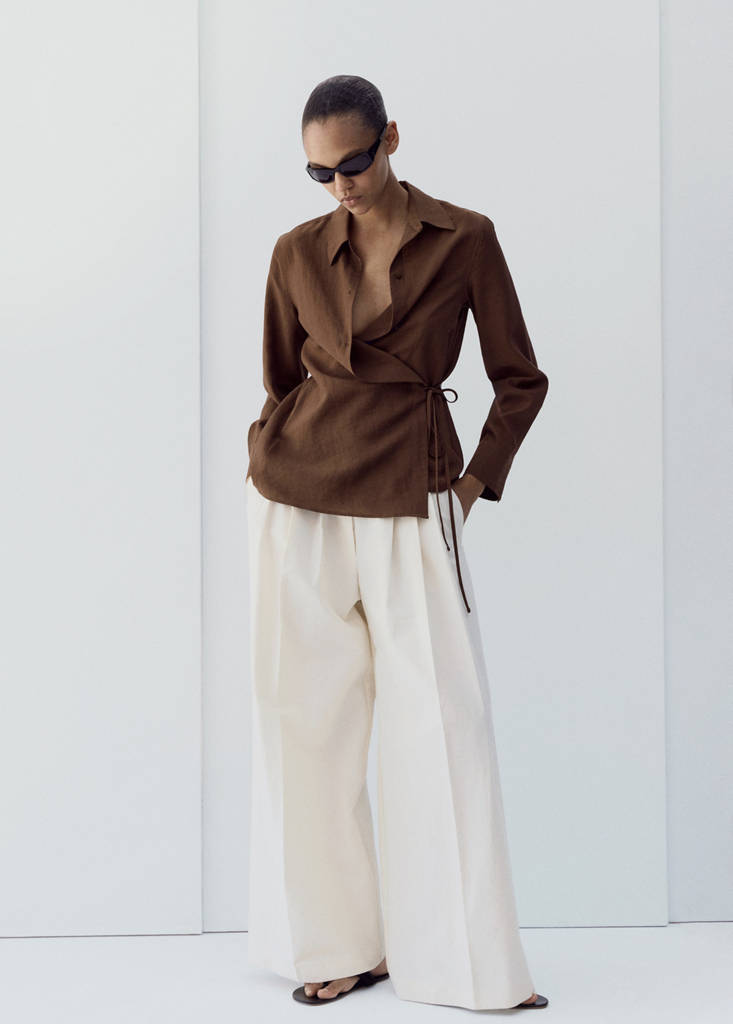 Wrap shirt with bow — Brown