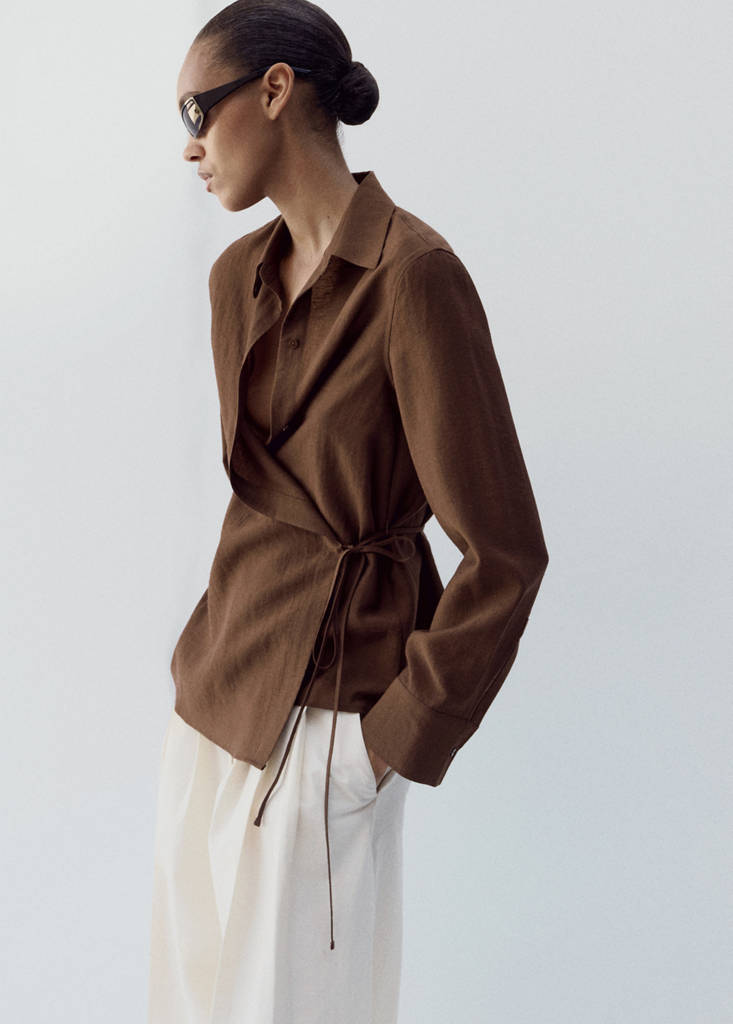 Wrap shirt with bow — Brown