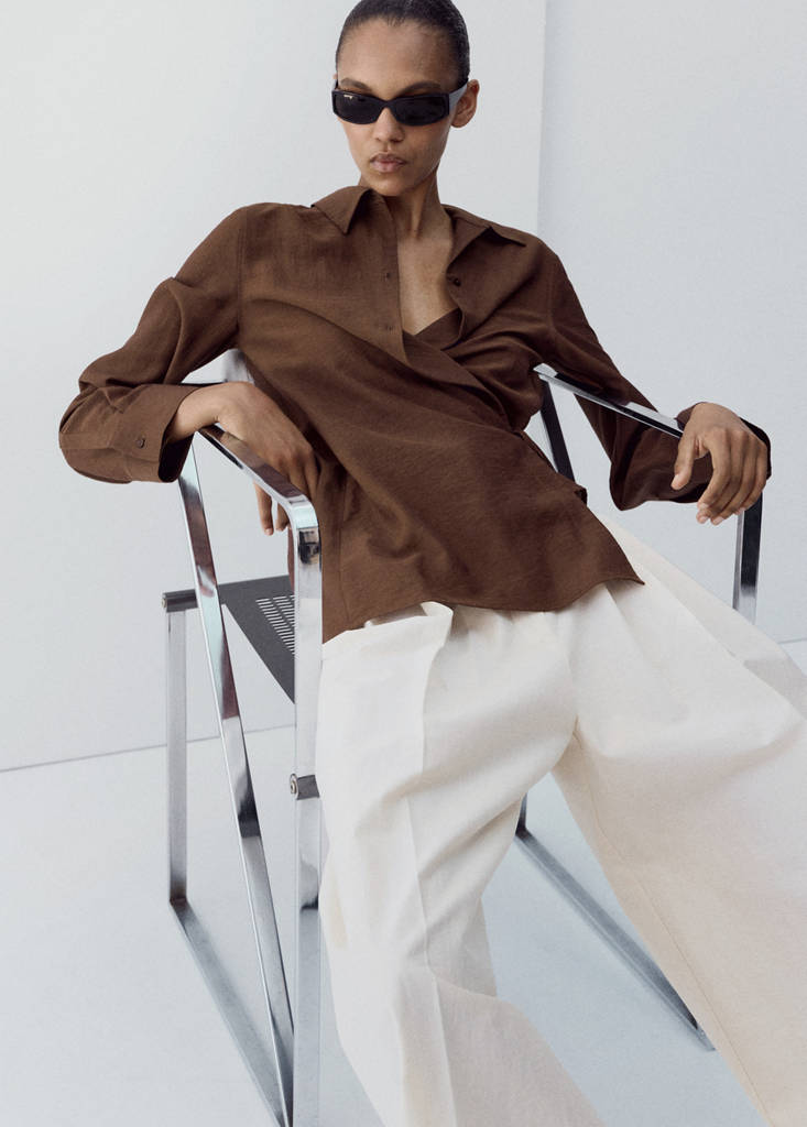 Wrap shirt with bow — Brown
