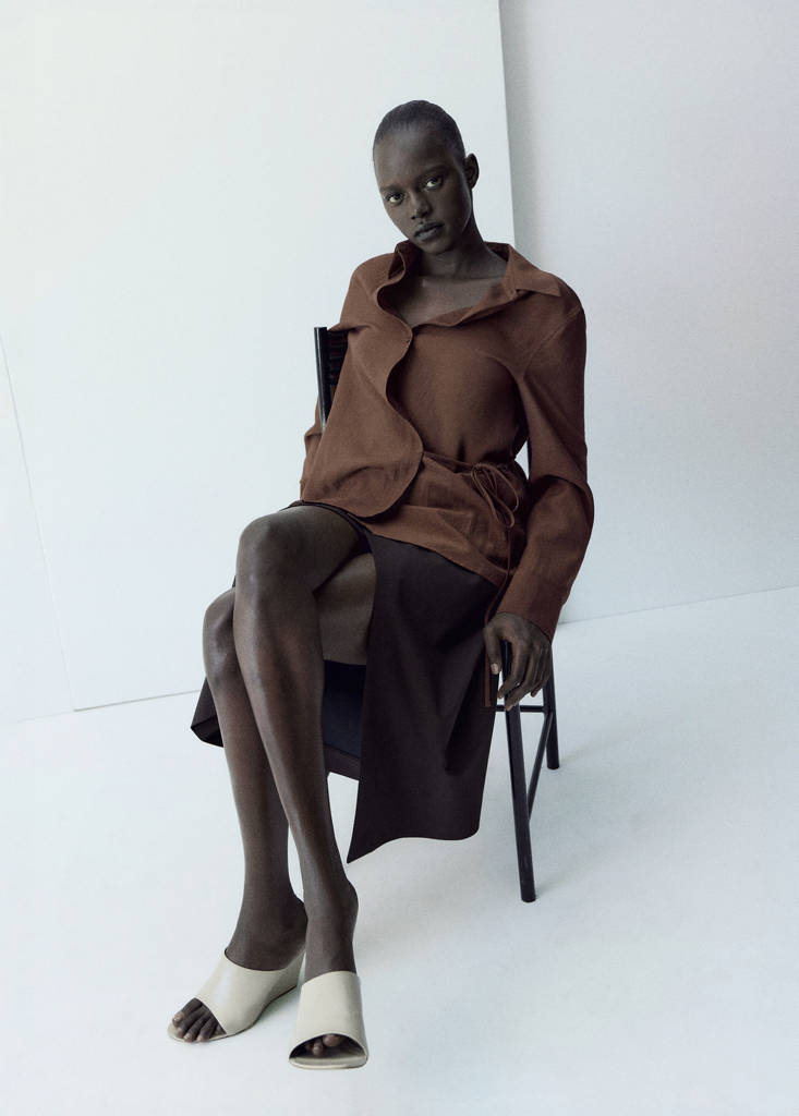 Wrap shirt with bow — Brown