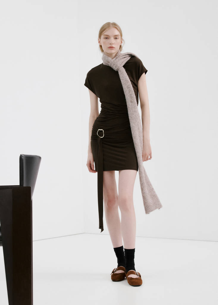 Ruched bodice brooch dress — Brown