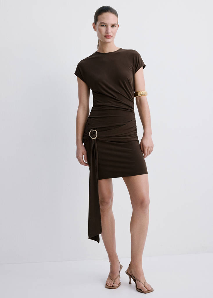 Ruched bodice brooch dress — Brown