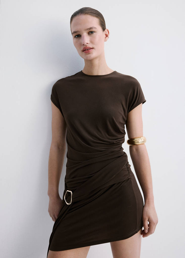 Ruched bodice brooch dress — Brown