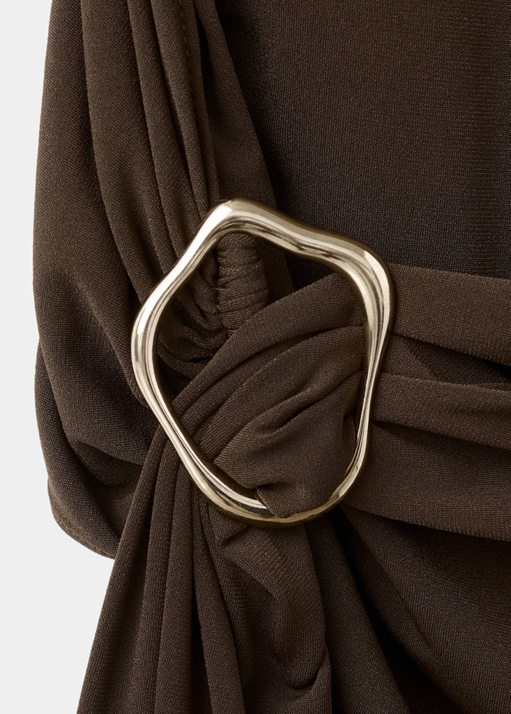 Ruched bodice brooch dress — Brown