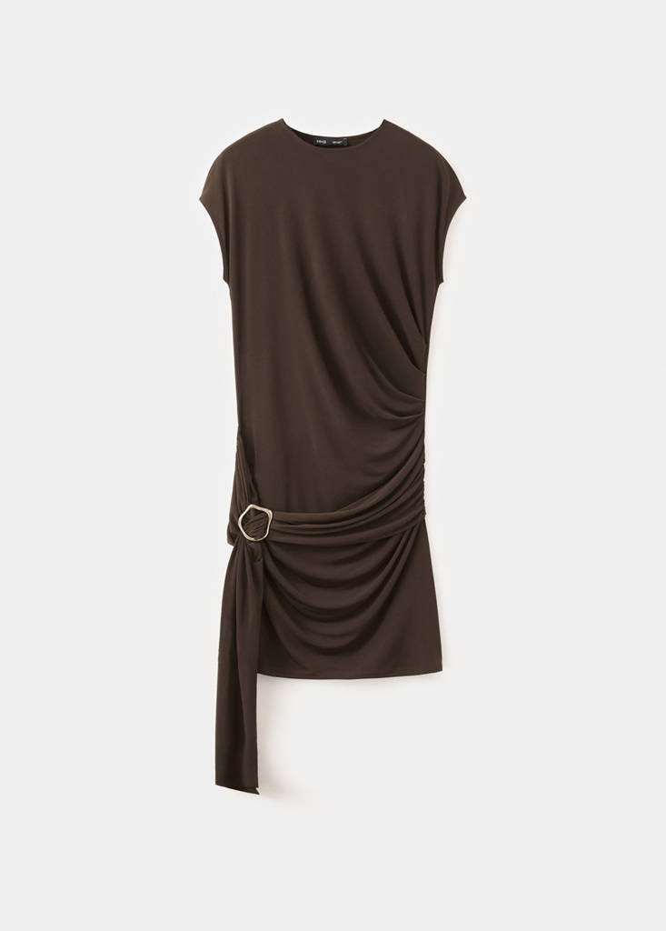 Ruched bodice brooch dress — Brown